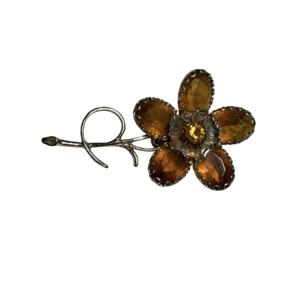 Vintage Amber Rhinestone Flower Brooch Gold Tone Mid Century Floral Pin